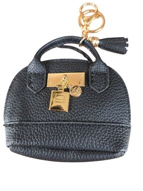 Black Leather Mini Handbag Keychain with Gold Hardware